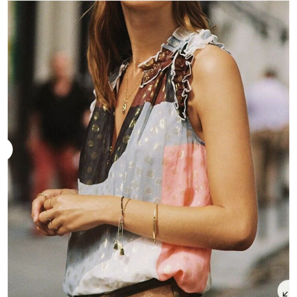 Anthropologie Maeve Top Size 12 Fantasia Ruffle Trim Gold Polka Dot Sleeveless